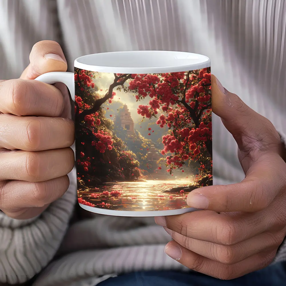 Red Flowers River Ancient Temple Fantasy – Mugs