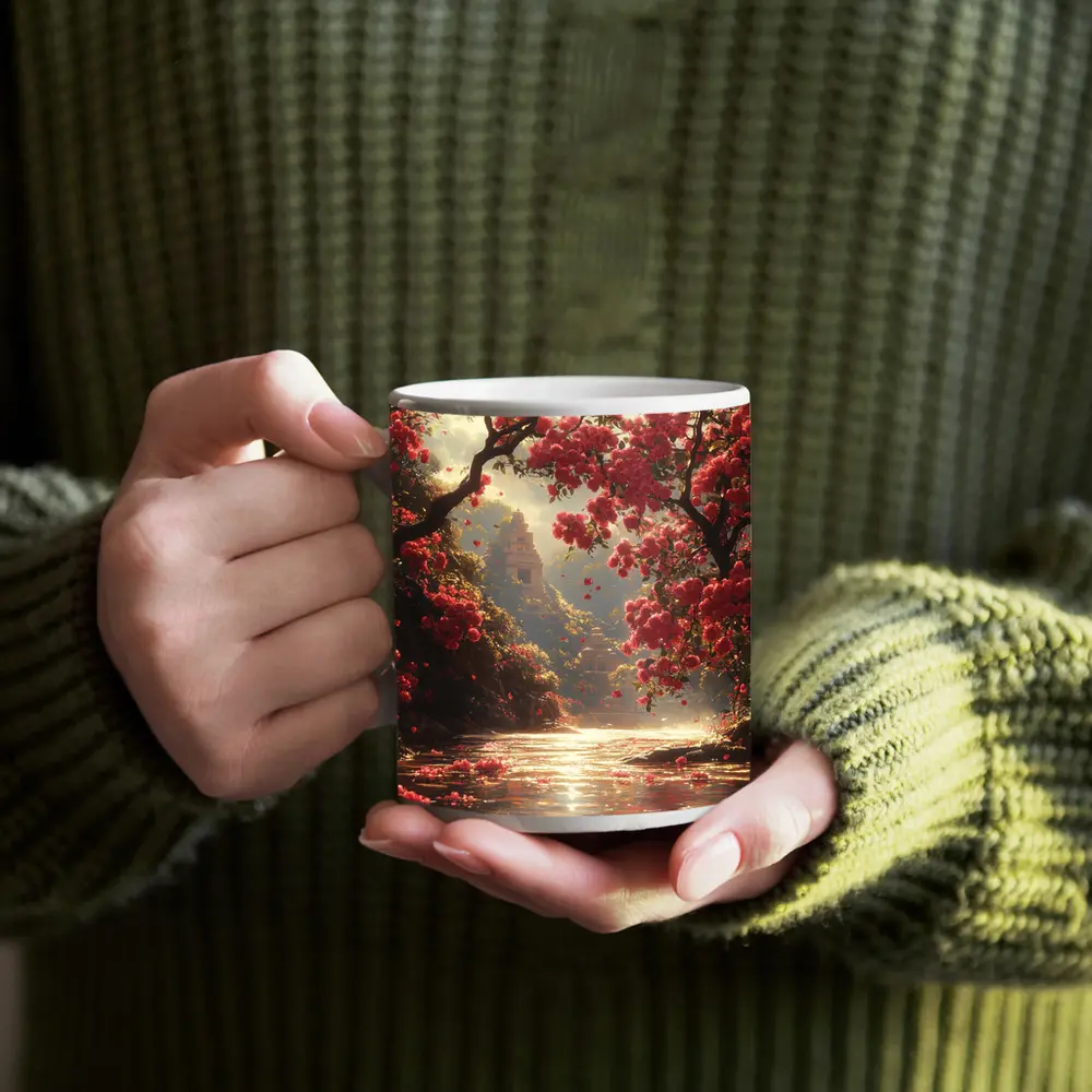 Red Flowers River Ancient Temple Fantasy – Mugs