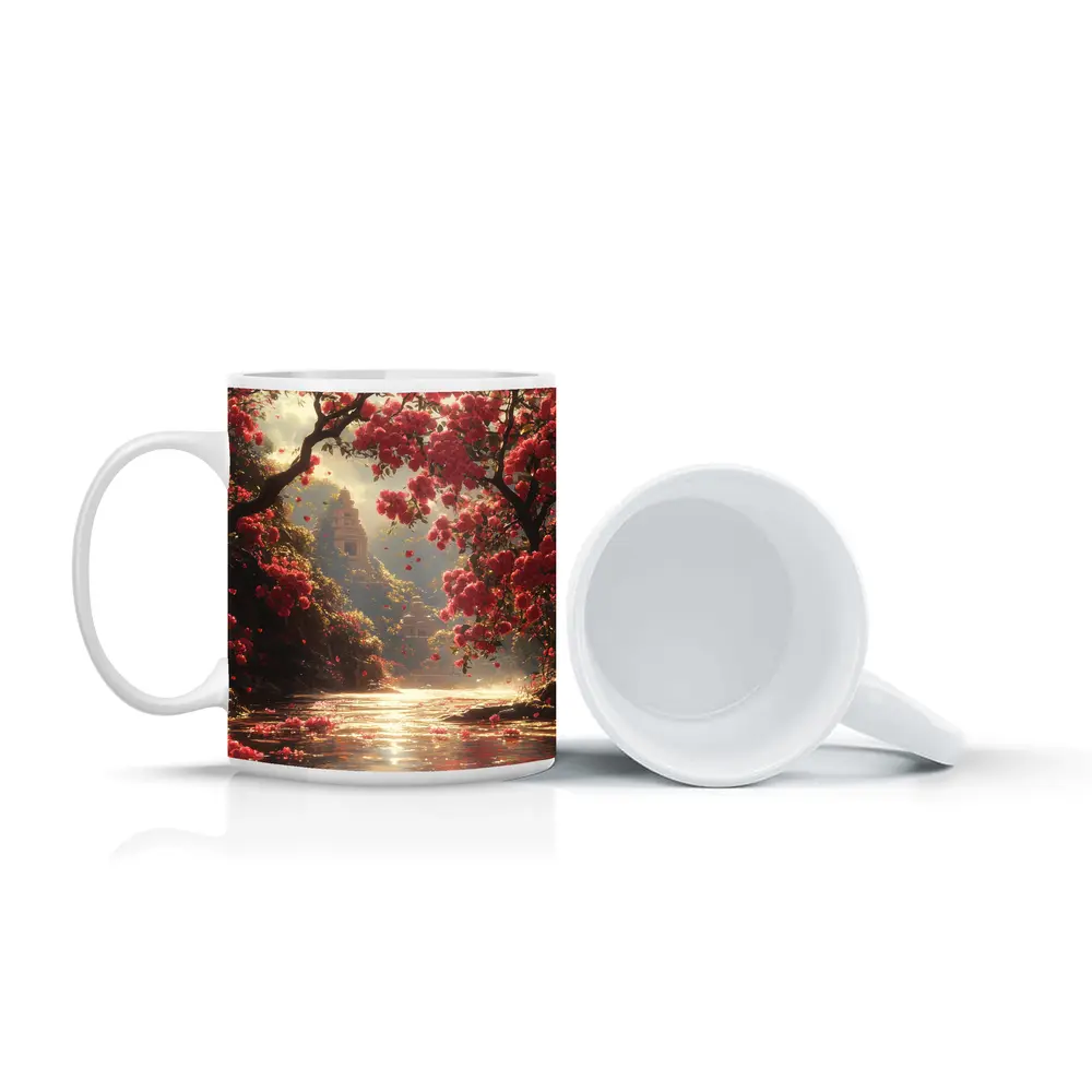 Red Flowers River Ancient Temple Fantasy – Mugs