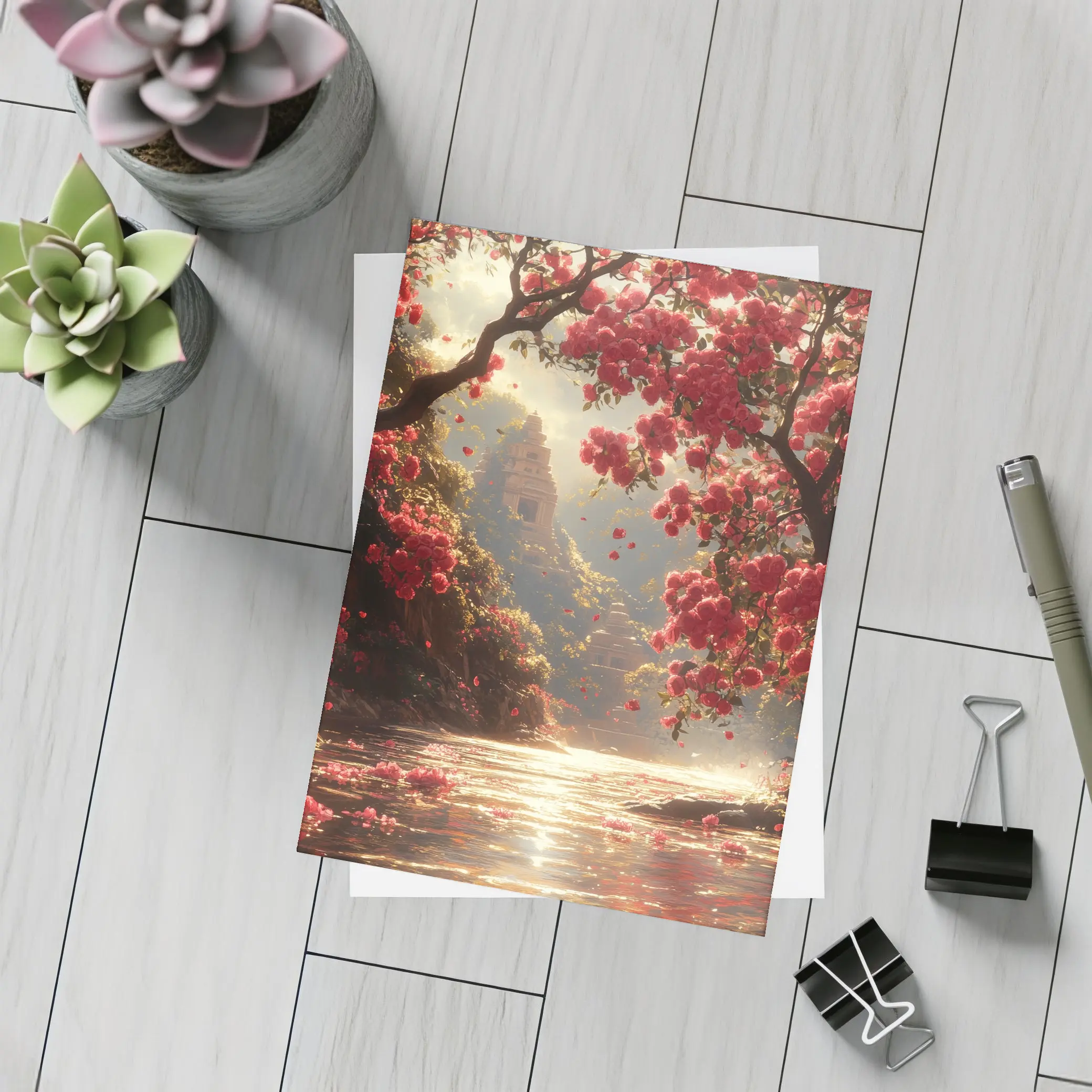 Red Flowers River Ancient Temple Fantasy – Postcards
