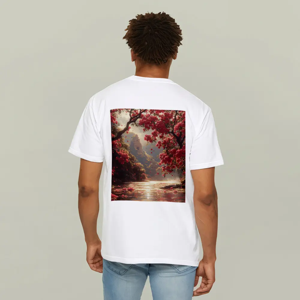 Red Flowers River Ancient Temple Fantasy – T-Shirts