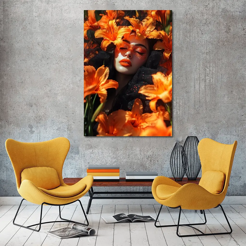 Woman Surrounded By Orange Lily Flowers – Wall Art