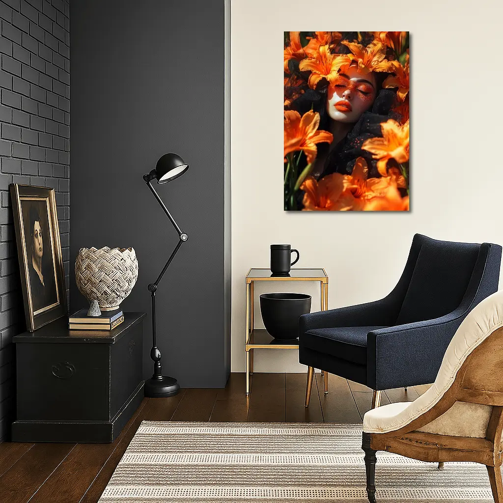 Woman Surrounded By Orange Lily Flowers – Wall Art