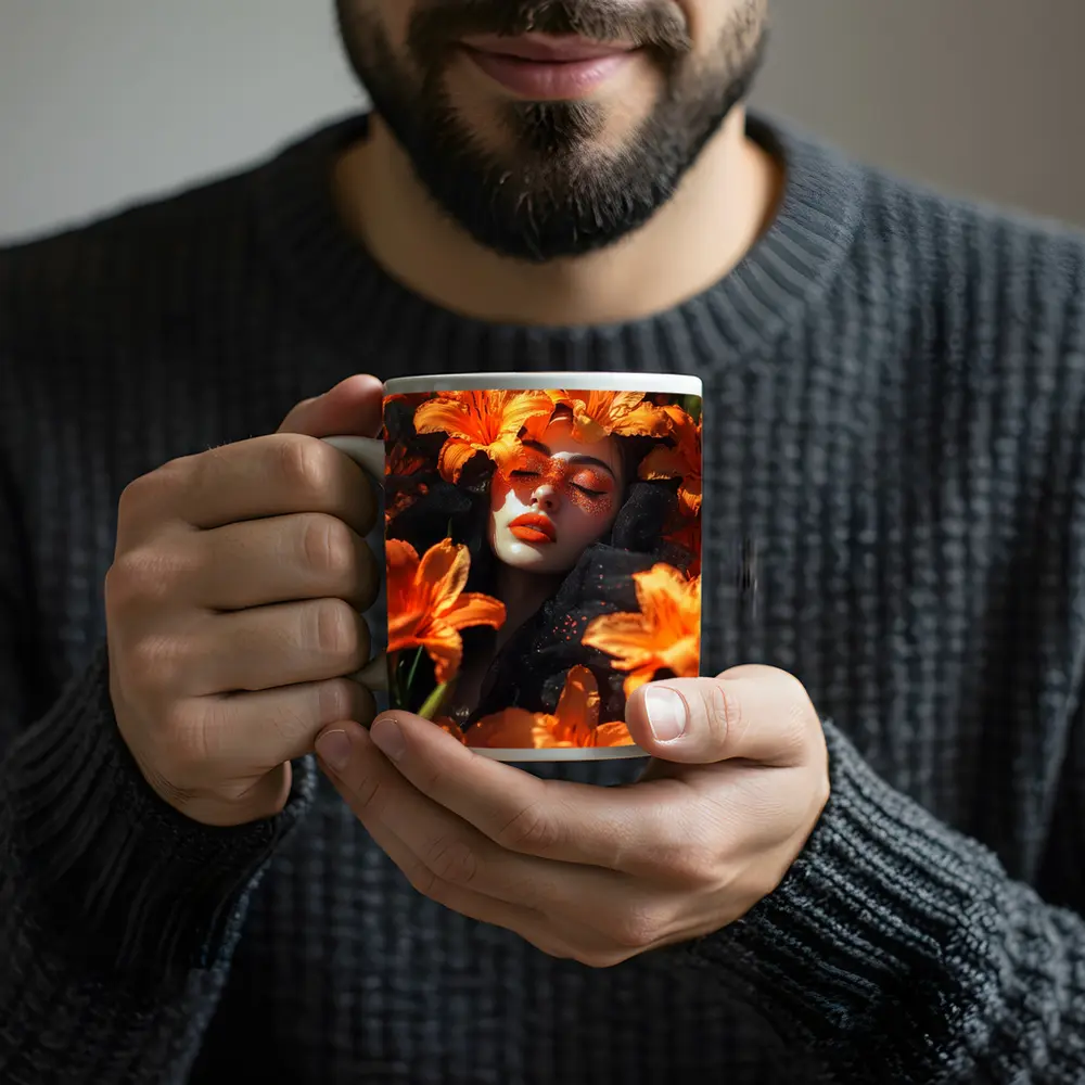 Woman Surrounded By Orange Lily Flowers – Mugs