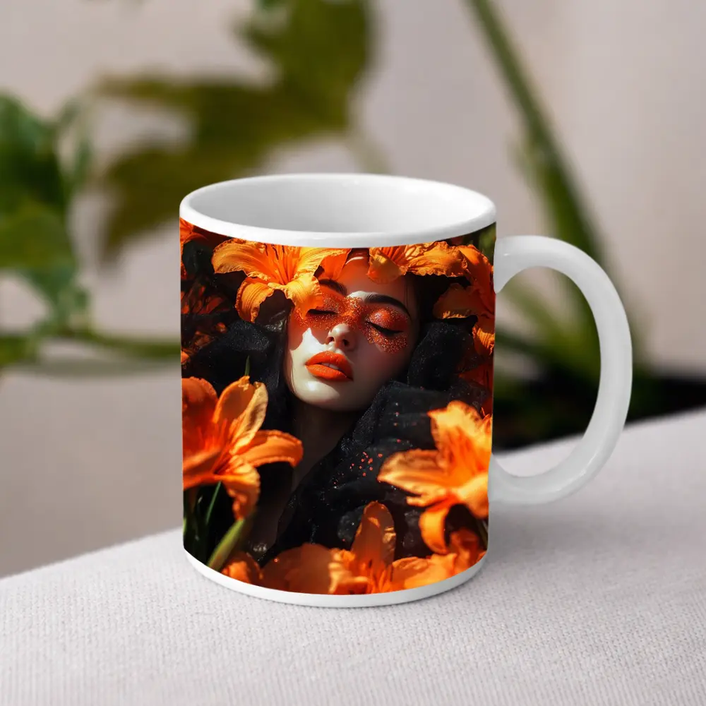 Woman Surrounded By Orange Lily Flowers – Mugs