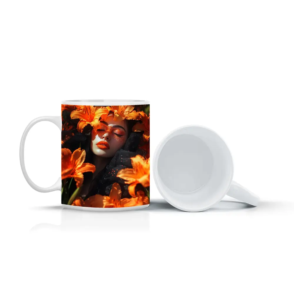 Woman Surrounded By Orange Lily Flowers – Mugs