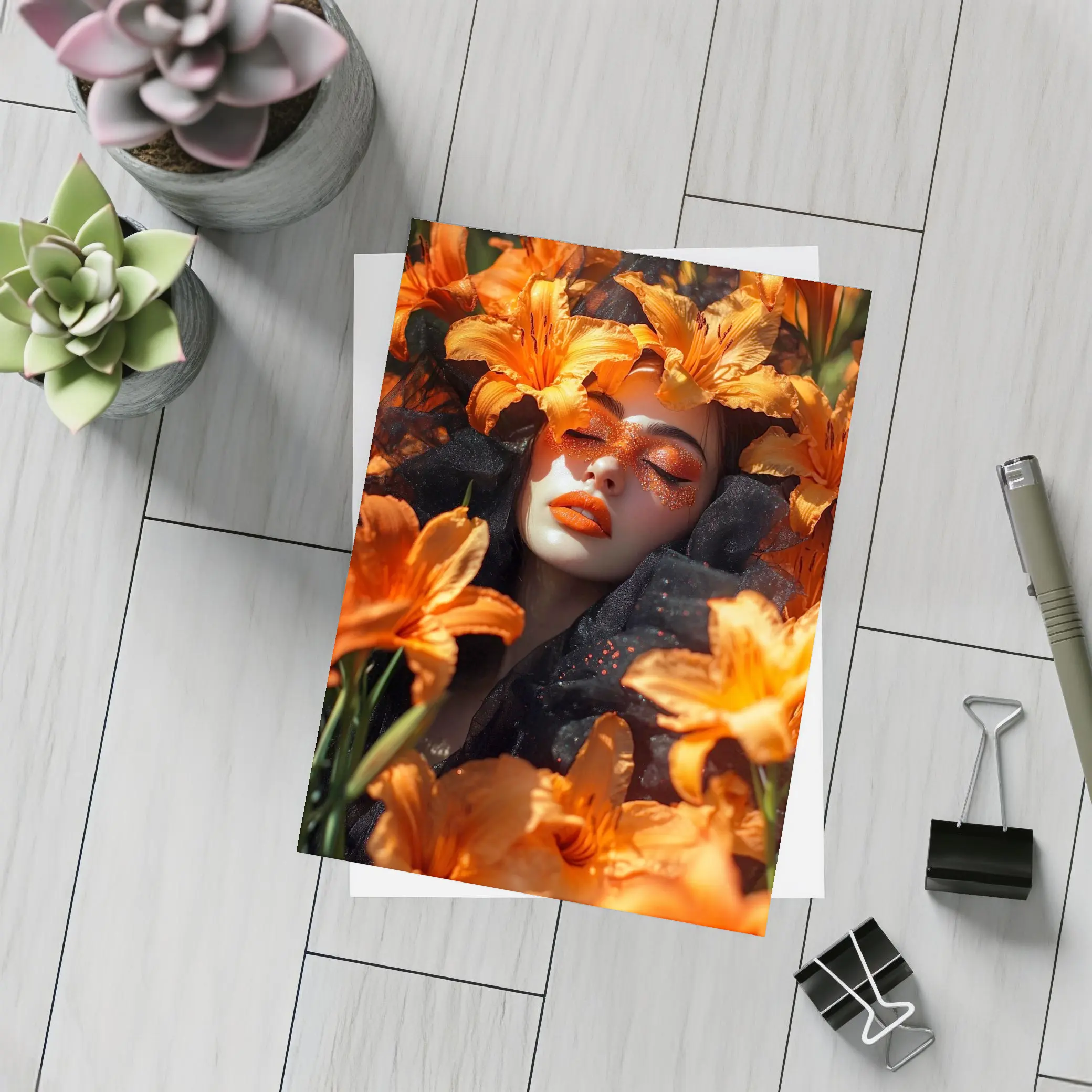 Woman Surrounded By Orange Lily Flowers – Postcards