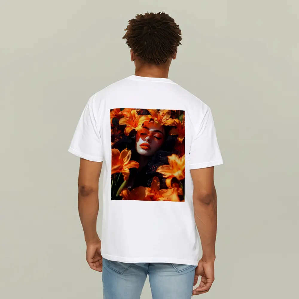 Woman Surrounded By Orange Lily Flowers – T-Shirts