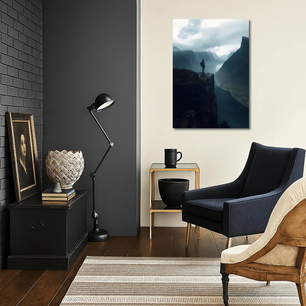 Hiker Standing On Cliff Above Misty Fjord – Wall Art