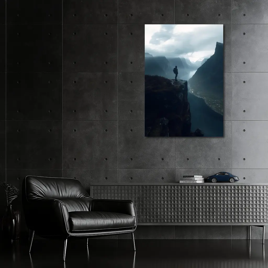 Hiker Standing On Cliff Above Misty Fjord – Wall Art