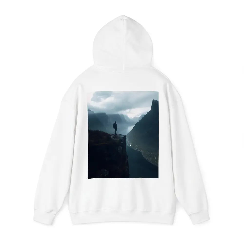 Hiker Standing On Cliff Above Misty Fjord – Hoodies