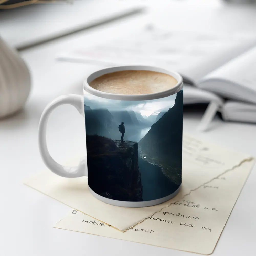 Hiker Standing On Cliff Above Misty Fjord – Mugs