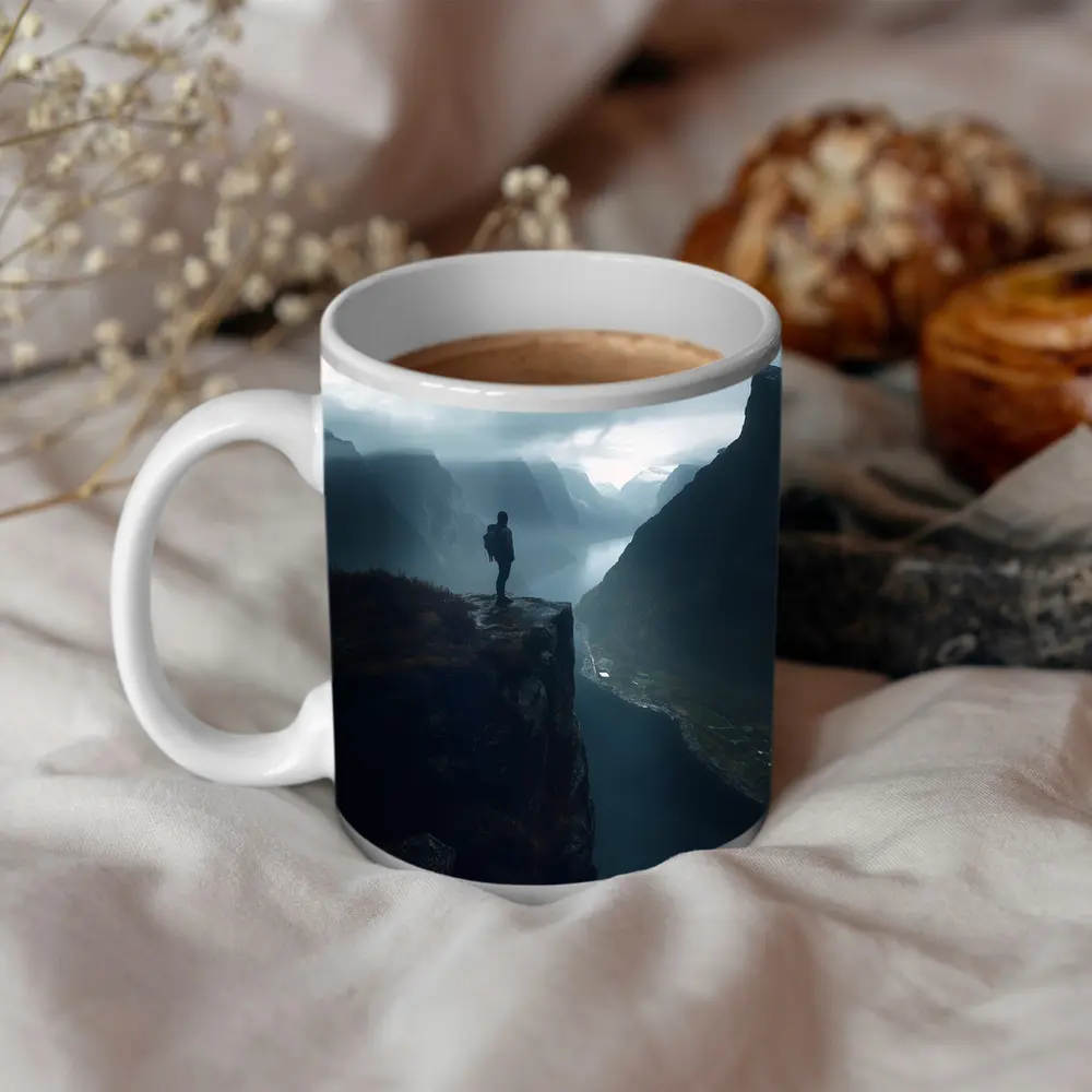 Hiker Standing On Cliff Above Misty Fjord – Mugs