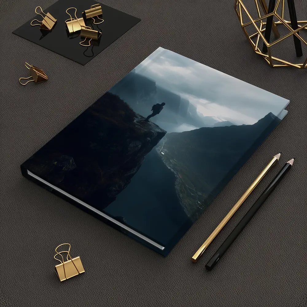 Hiker Standing On Cliff Above Misty Fjord – Notebooks