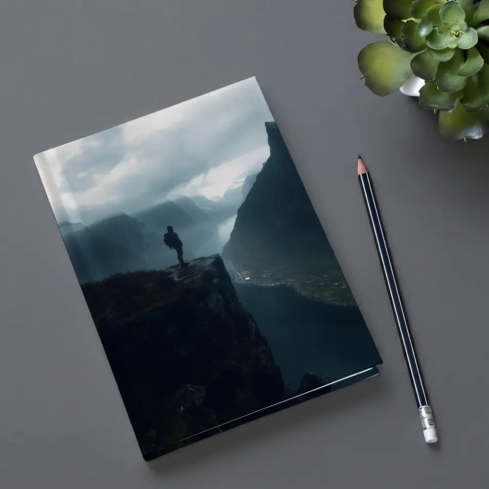 Hiker Standing On Cliff Above Misty Fjord – Notebooks