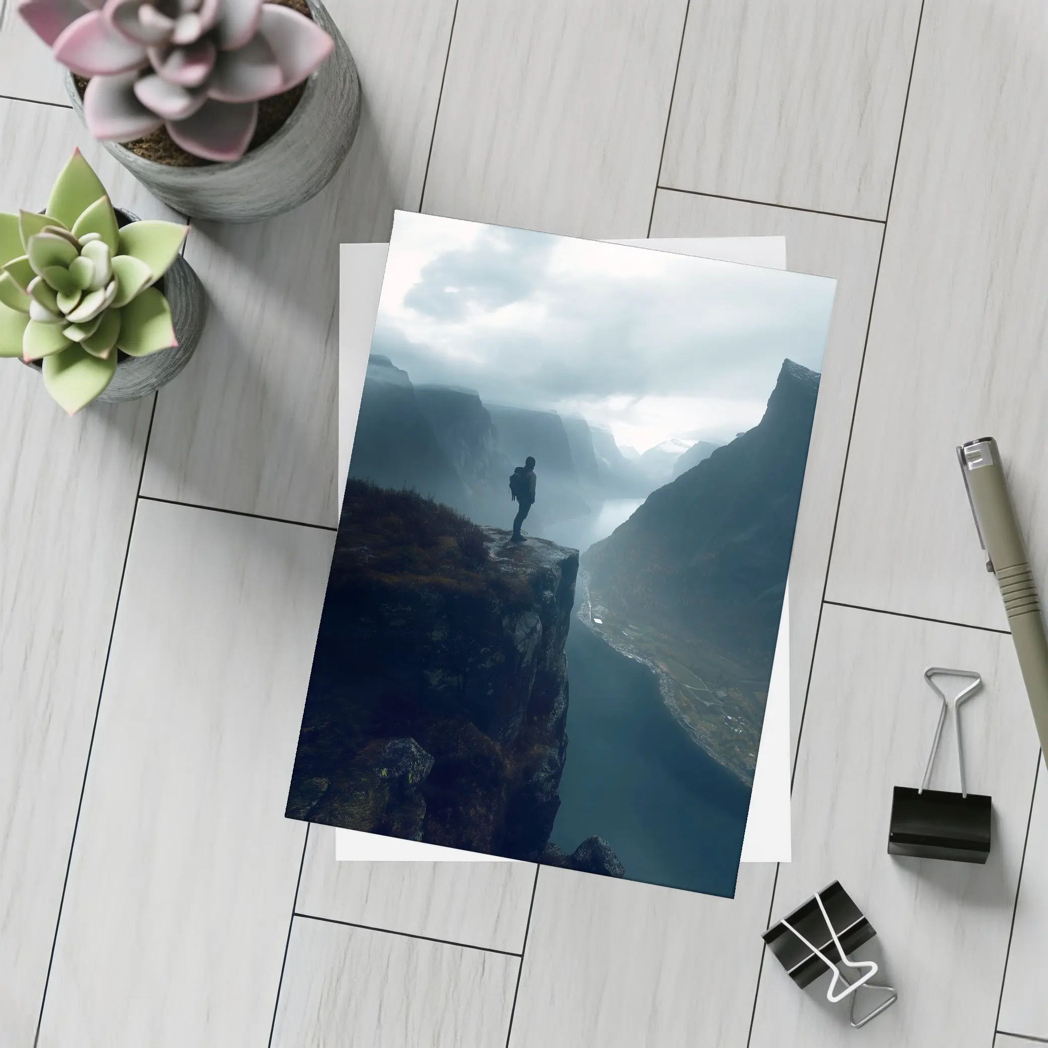 Hiker Standing On Cliff Above Misty Fjord – Postcards