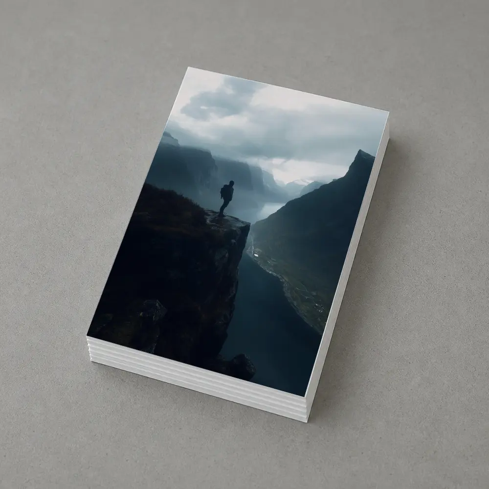 Hiker Standing On Cliff Above Misty Fjord – Postcards