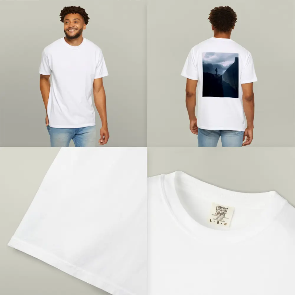 Hiker Standing On Cliff Above Misty Fjord – T-Shirts