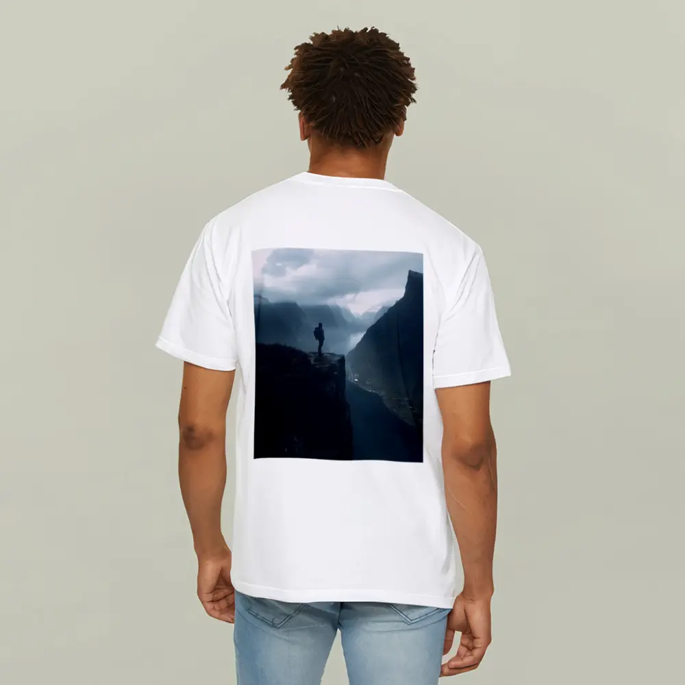 Hiker Standing On Cliff Above Misty Fjord – T-Shirts