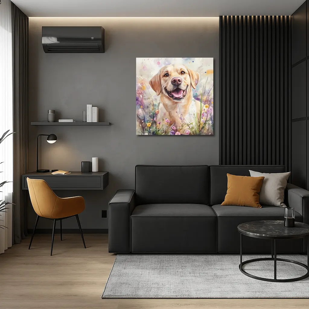 Yellow Labrador Retriever Watercolor Wildflower Field – Wall Art