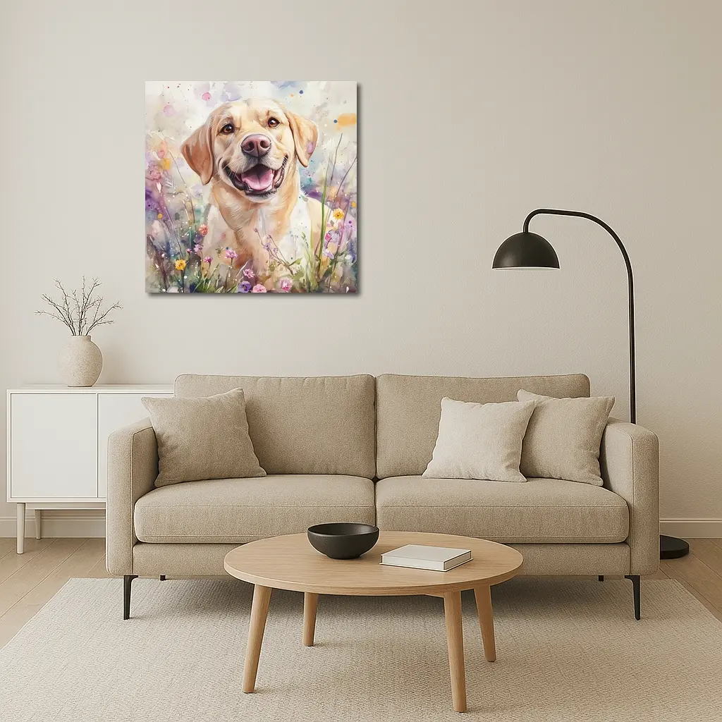 Yellow Labrador Retriever Watercolor Wildflower Field – Wall Art