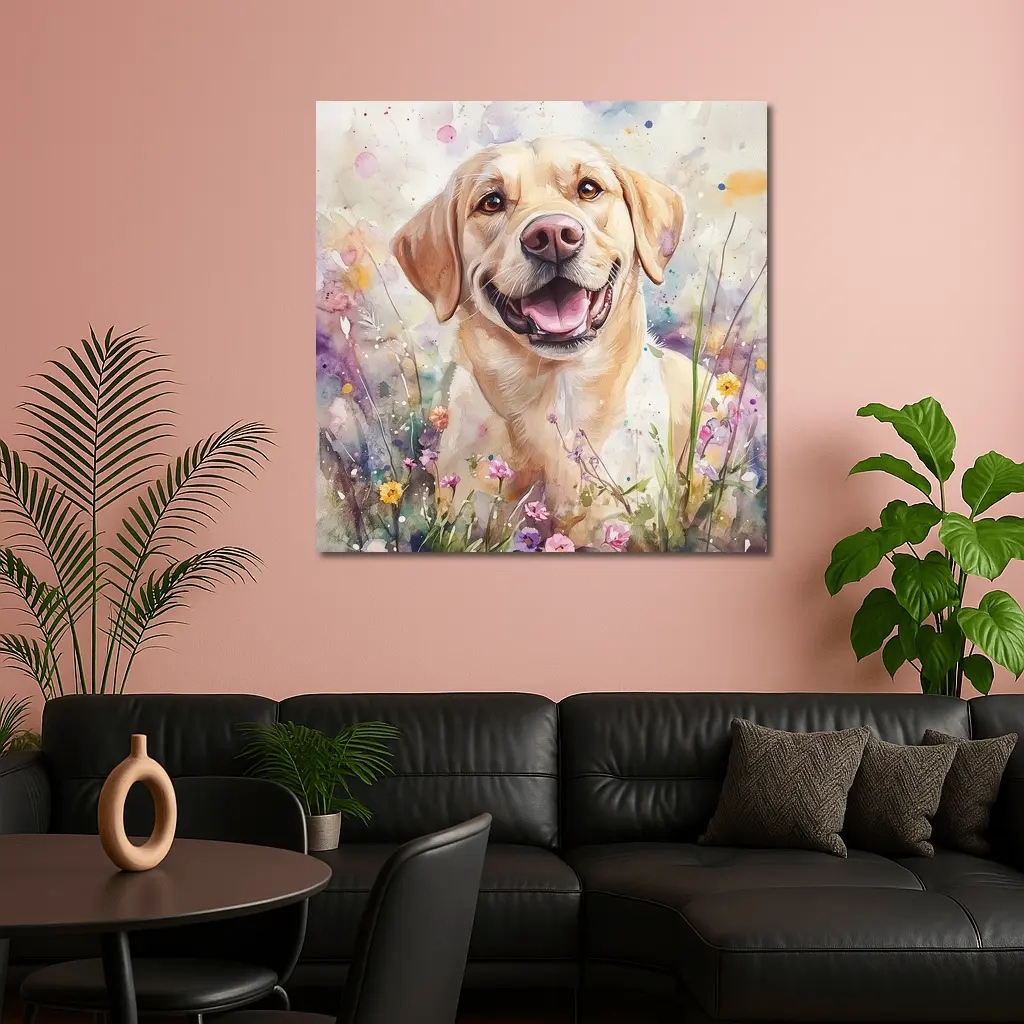 Yellow Labrador Retriever Watercolor Wildflower Field – Wall Art