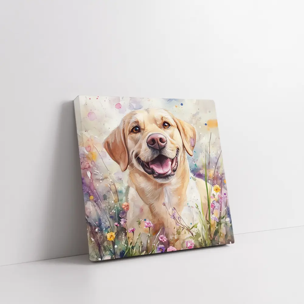 Yellow Labrador Retriever Watercolor Wildflower Field – Wall Art