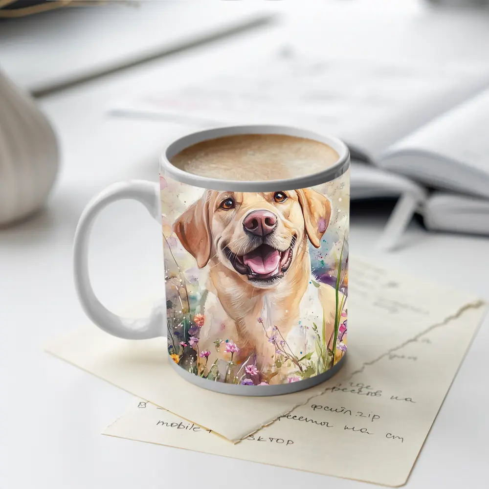 Yellow Labrador Retriever Watercolor Wildflower Field – Mugs