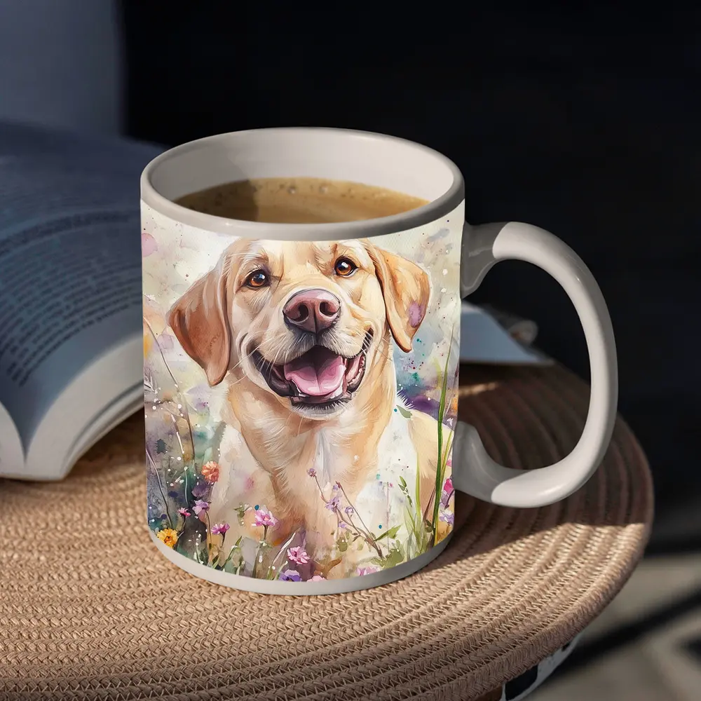 Yellow Labrador Retriever Watercolor Wildflower Field – Mugs