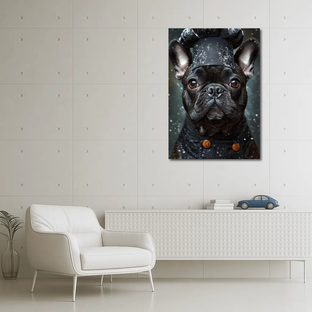 Black French Bulldog Chef Hat Dark Background – Wall Art