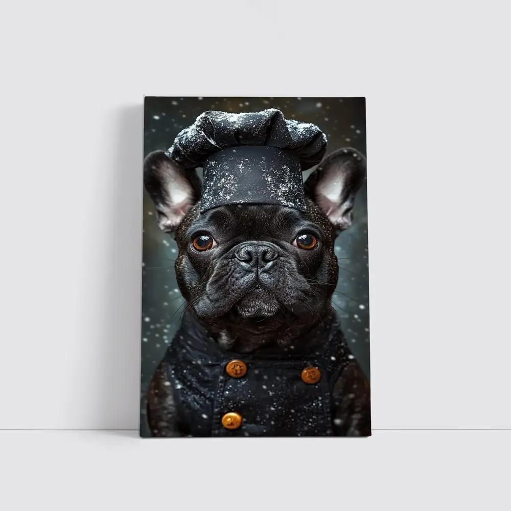 Black French Bulldog Chef Hat Dark Background – Wall Art