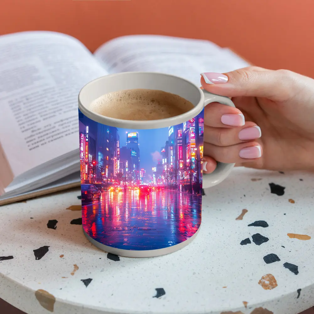 Tokyo Neon Rain Wet Street Night – Mugs