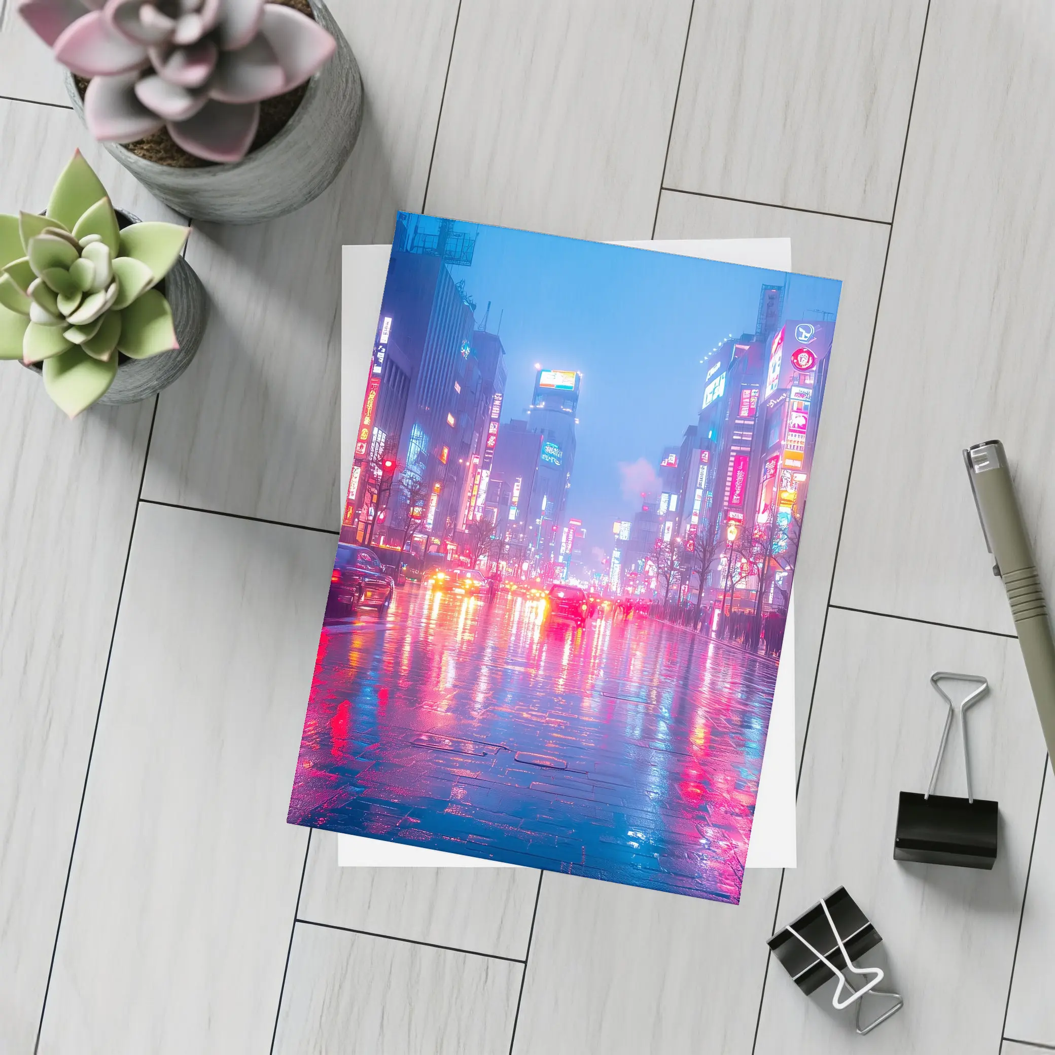 Tokyo Neon Rain Wet Street Night – Postcards