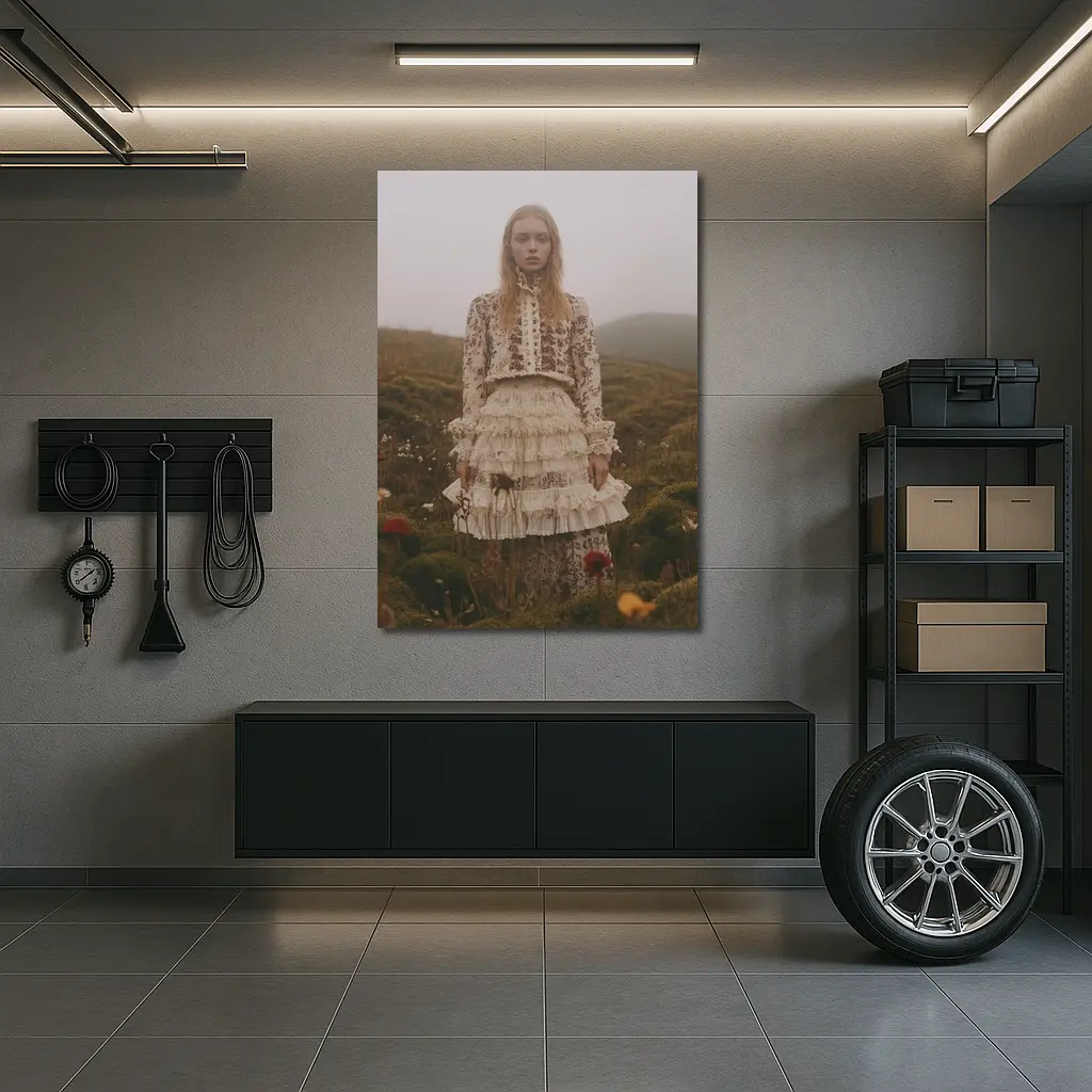 Boho Floral Dress Woman Misty Highland Field – Wall Art