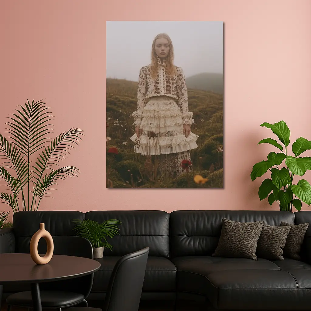 Boho Floral Dress Woman Misty Highland Field – Wall Art