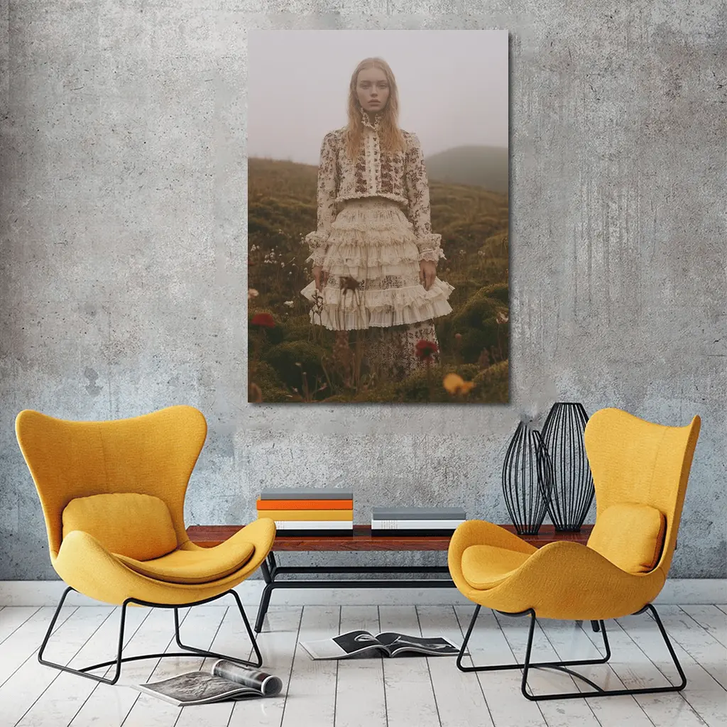 Boho Floral Dress Woman Misty Highland Field – Wall Art