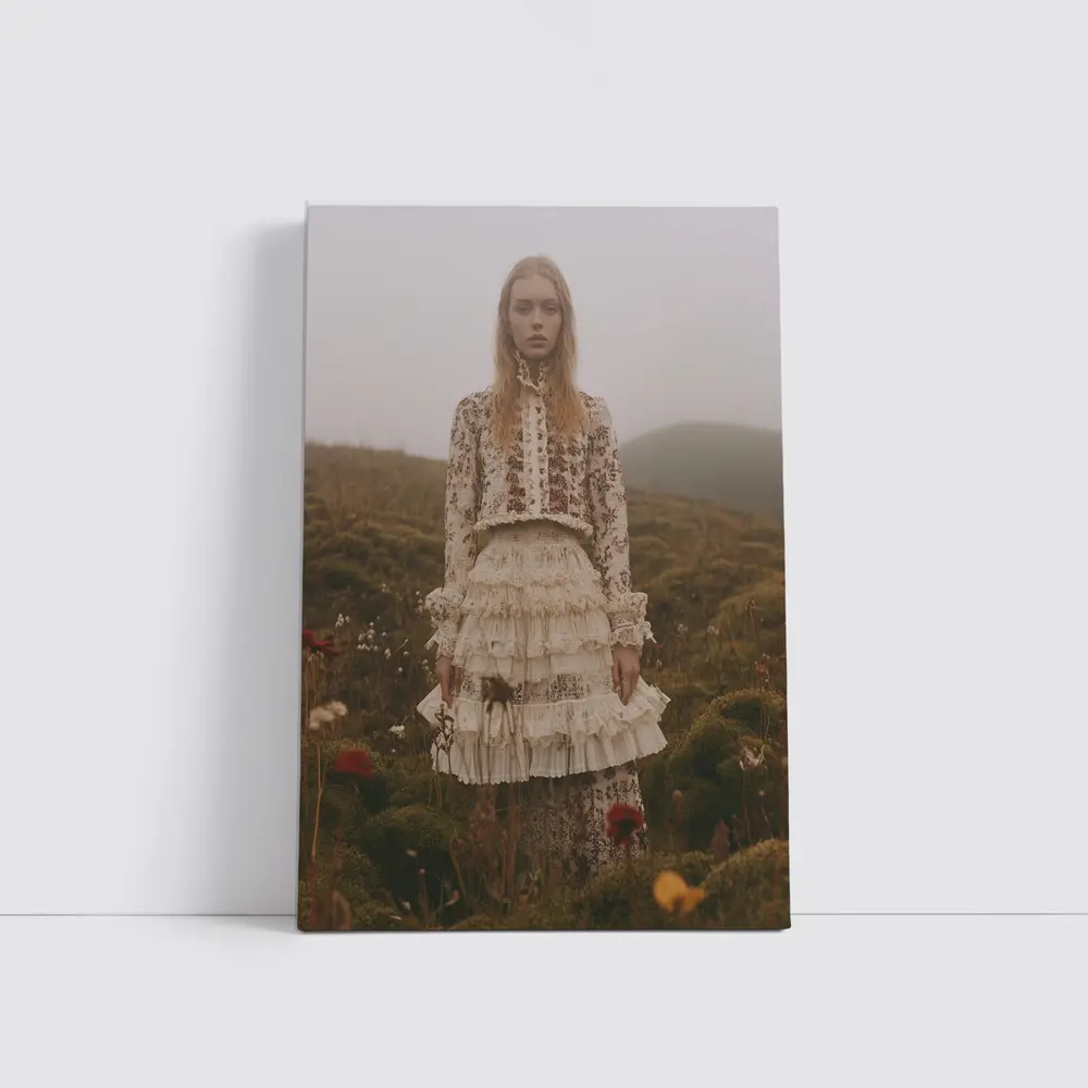 Boho Floral Dress Woman Misty Highland Field – Wall Art