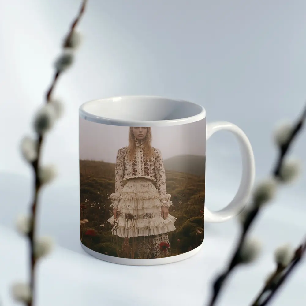 Boho Floral Dress Woman Misty Highland Field – Mugs