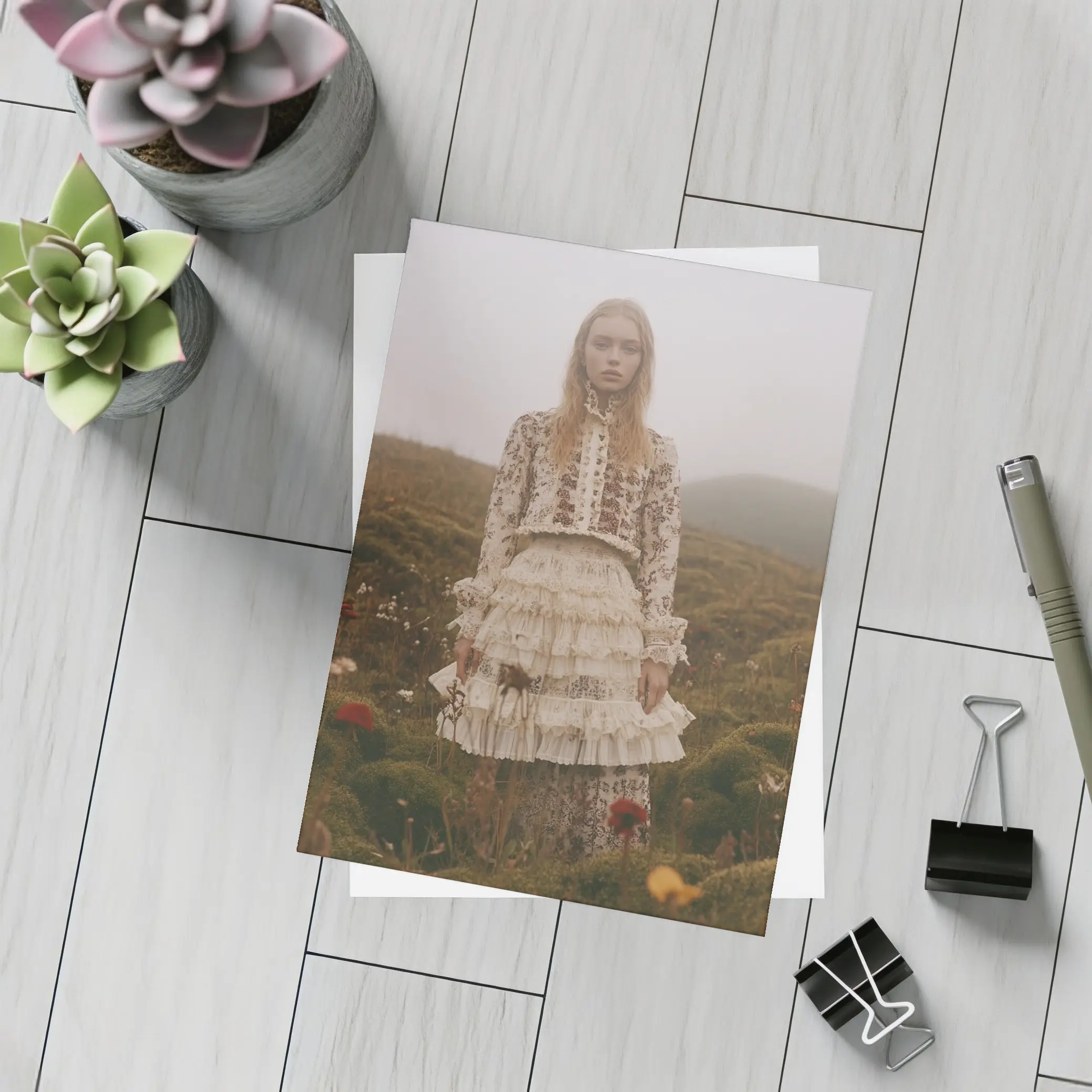 Boho Floral Dress Woman Misty Highland Field – Postcards