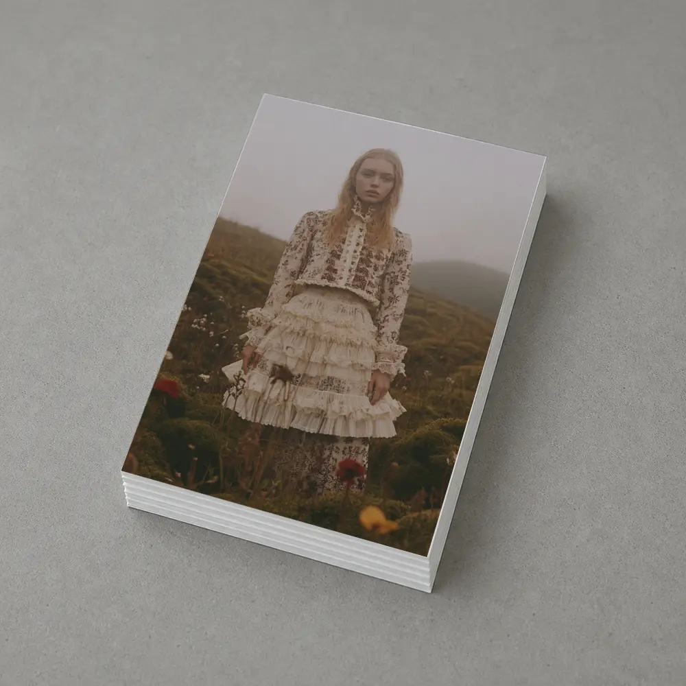 Boho Floral Dress Woman Misty Highland Field – Postcards