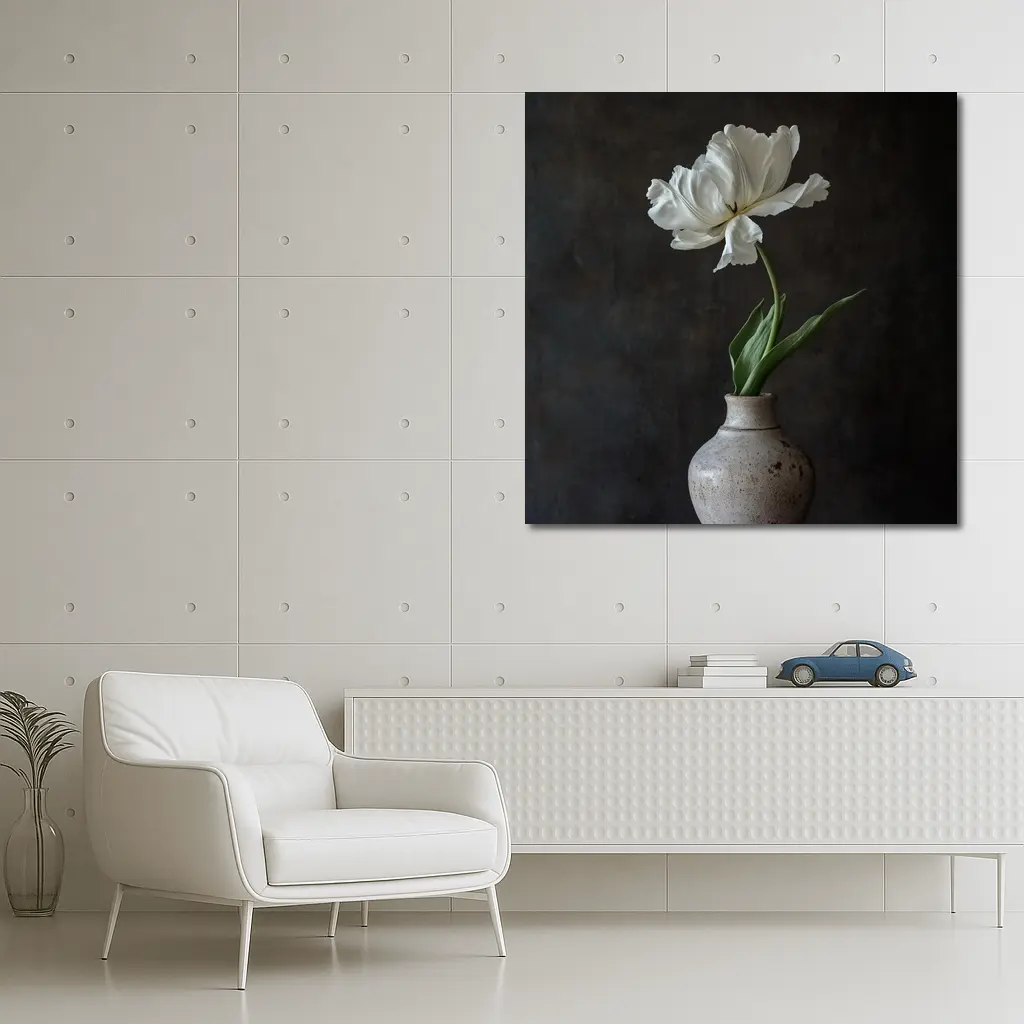 White Tulip In Rustic Ceramic Vase Dark – Wall Art