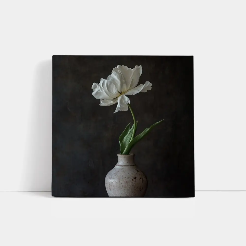 White Tulip In Rustic Ceramic Vase Dark – Wall Art