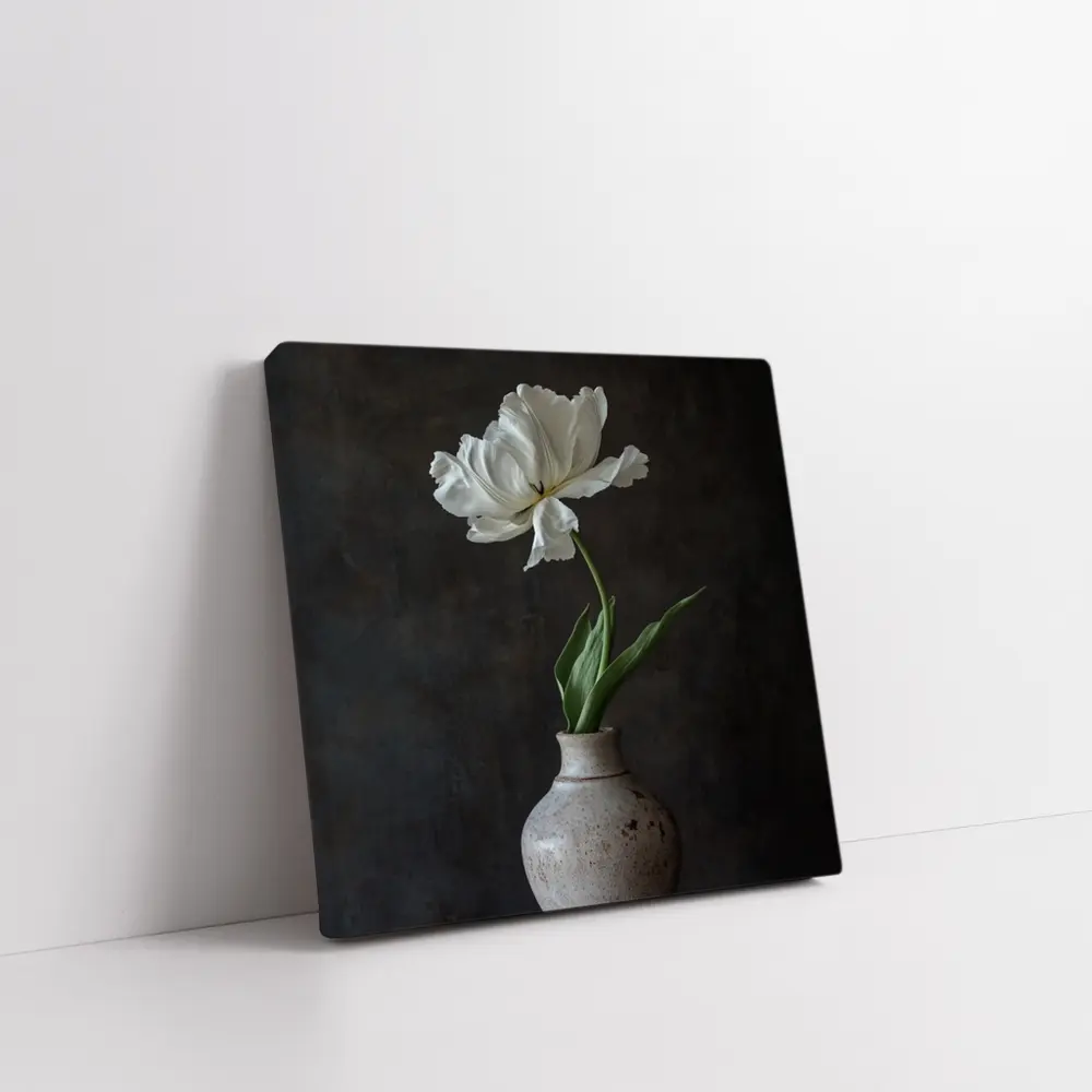 White Tulip In Rustic Ceramic Vase Dark – Wall Art