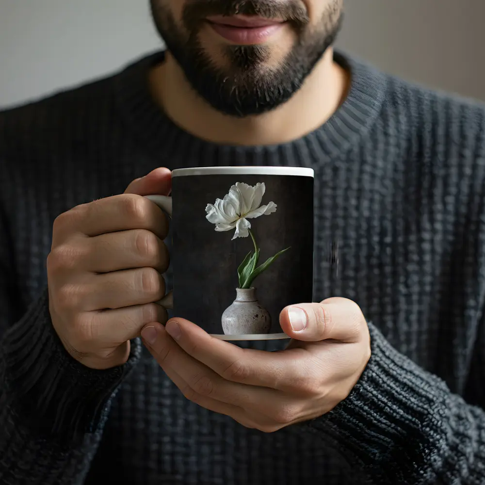White Tulip In Rustic Ceramic Vase Dark – Mugs
