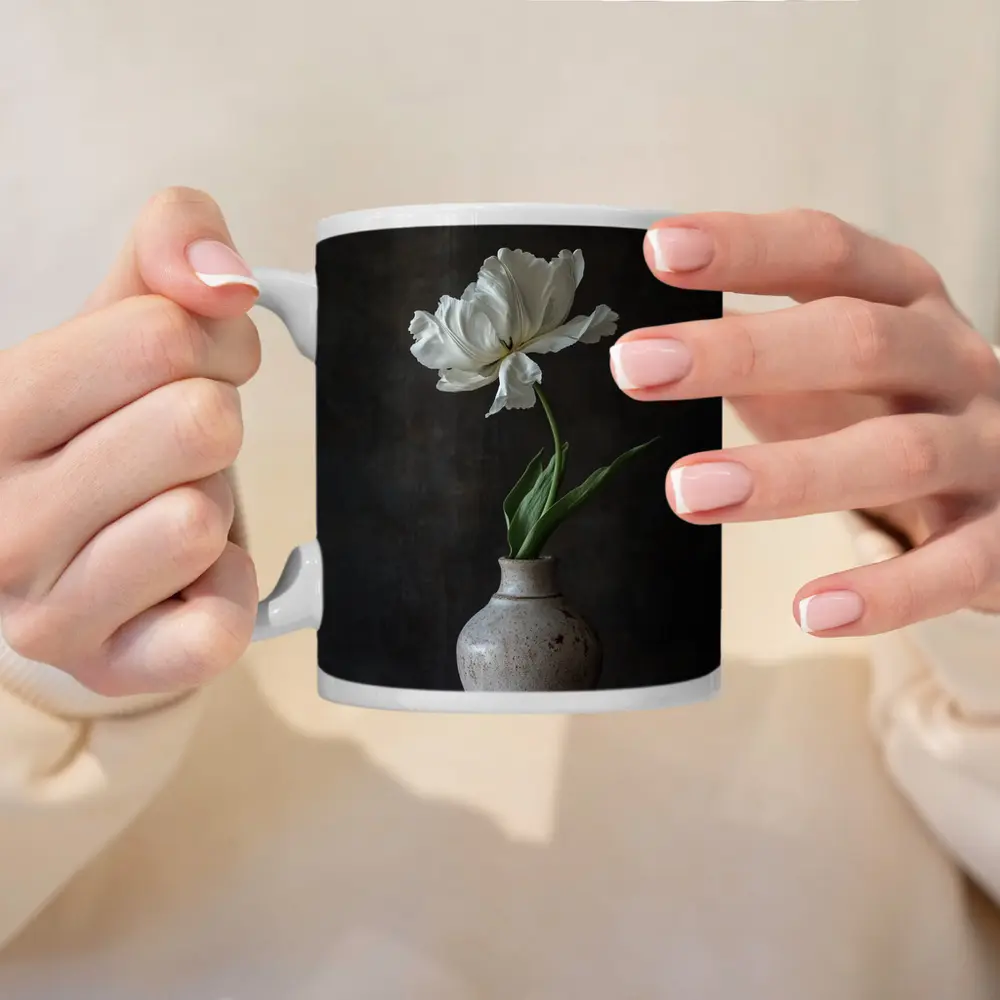 White Tulip In Rustic Ceramic Vase Dark – Mugs