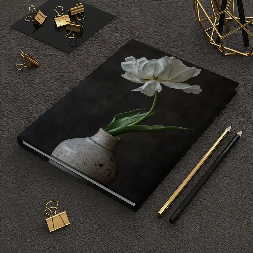 White Tulip In Rustic Ceramic Vase Dark – Notebooks