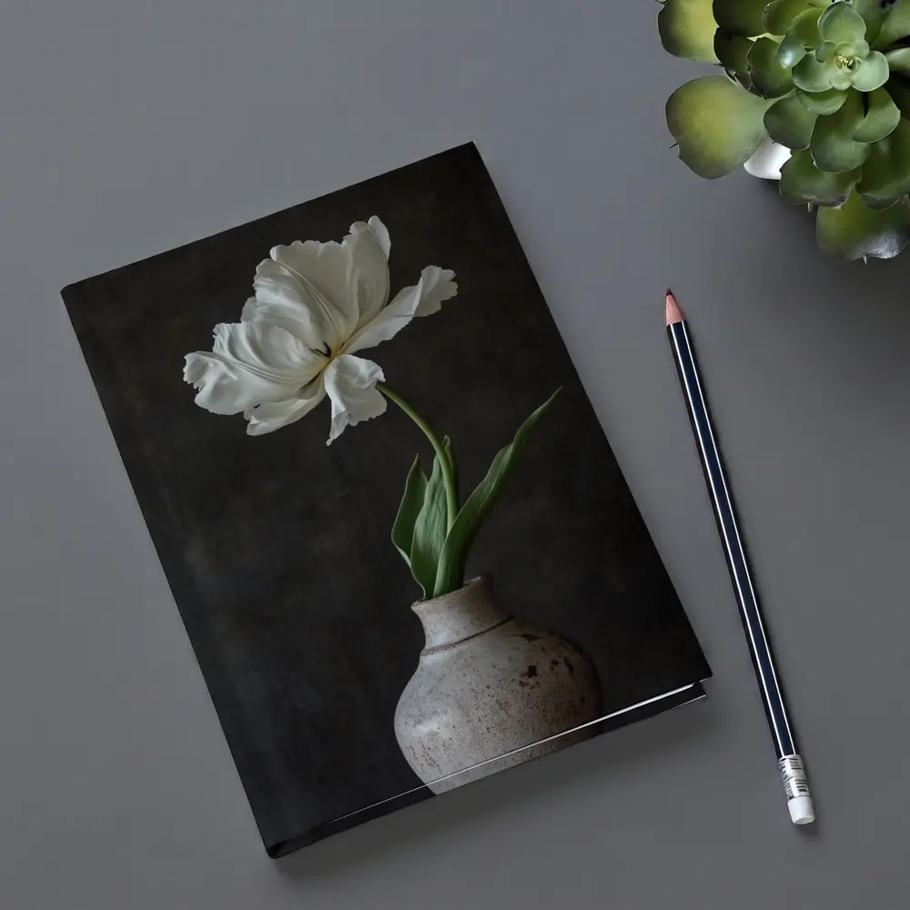 White Tulip In Rustic Ceramic Vase Dark – Notebooks