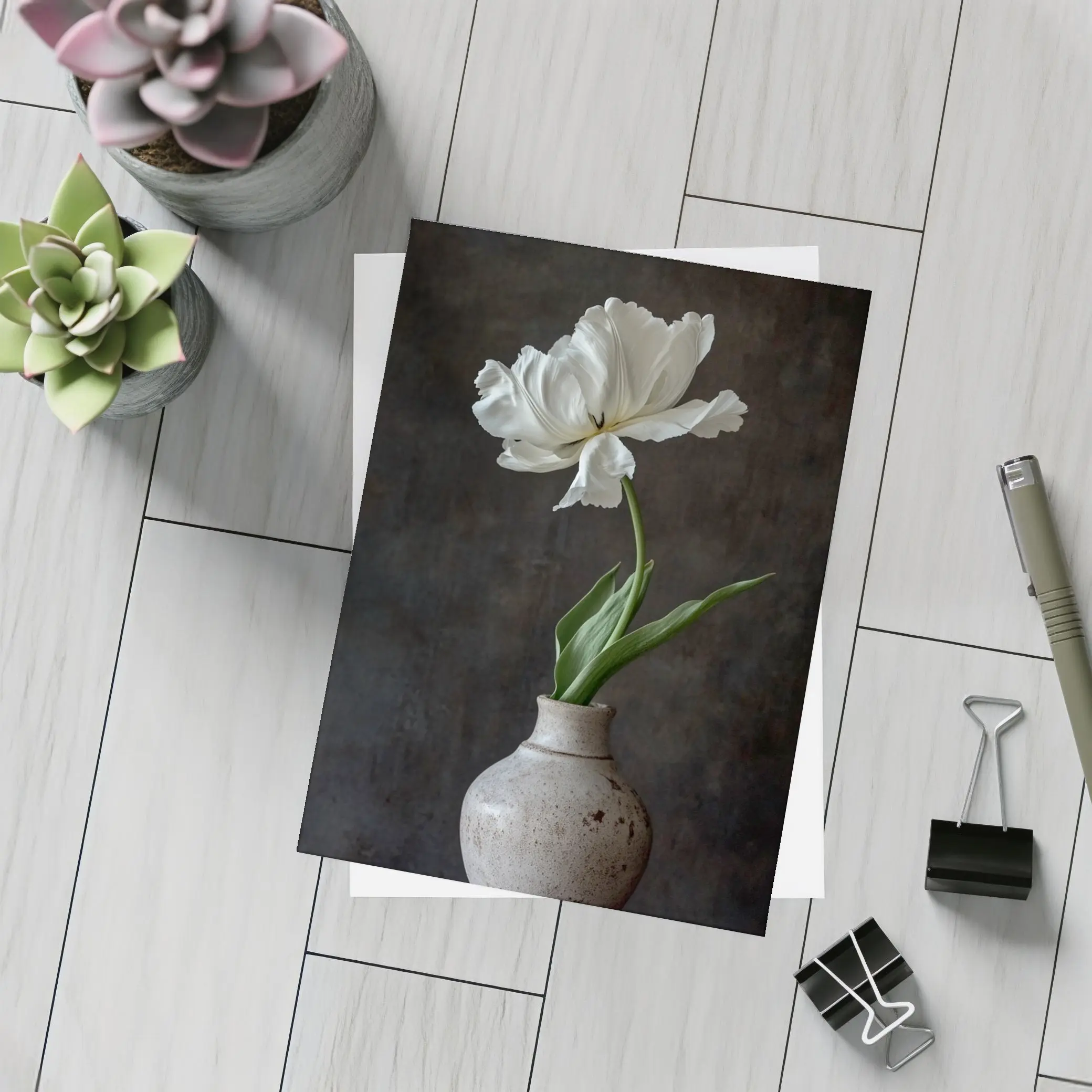 White Tulip In Rustic Ceramic Vase Dark – Postcards