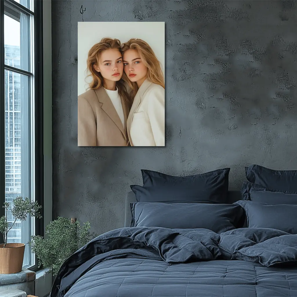 Two Young Women Beige Blazers White Background – Wall Art