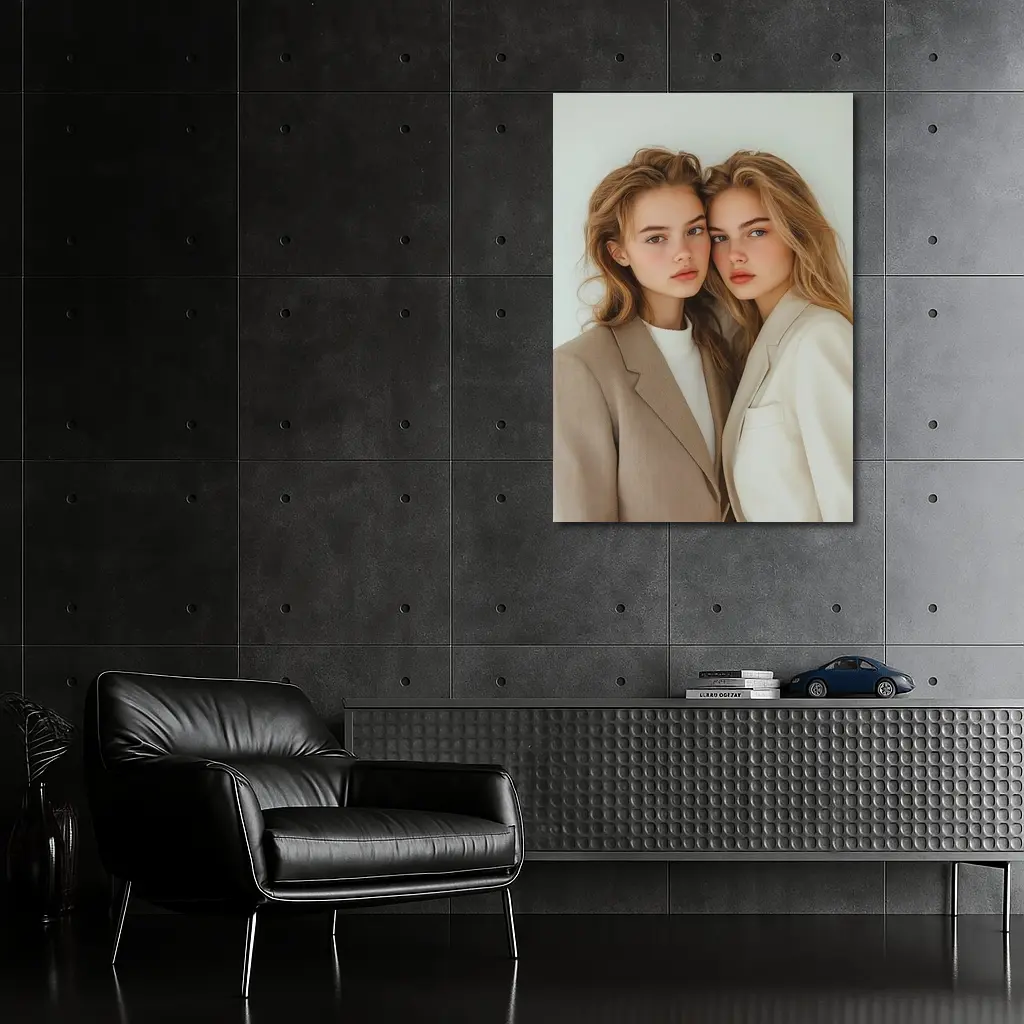 Two Young Women Beige Blazers White Background – Wall Art